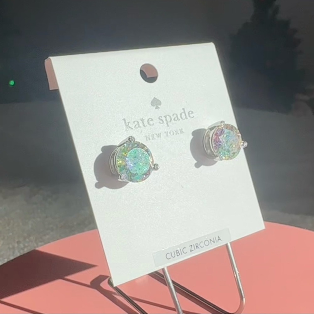 Kate Spade Cubic Zirconia Earrings Rise and Shine Glitter Studs Iridescent Clear - Picture 8 of 9